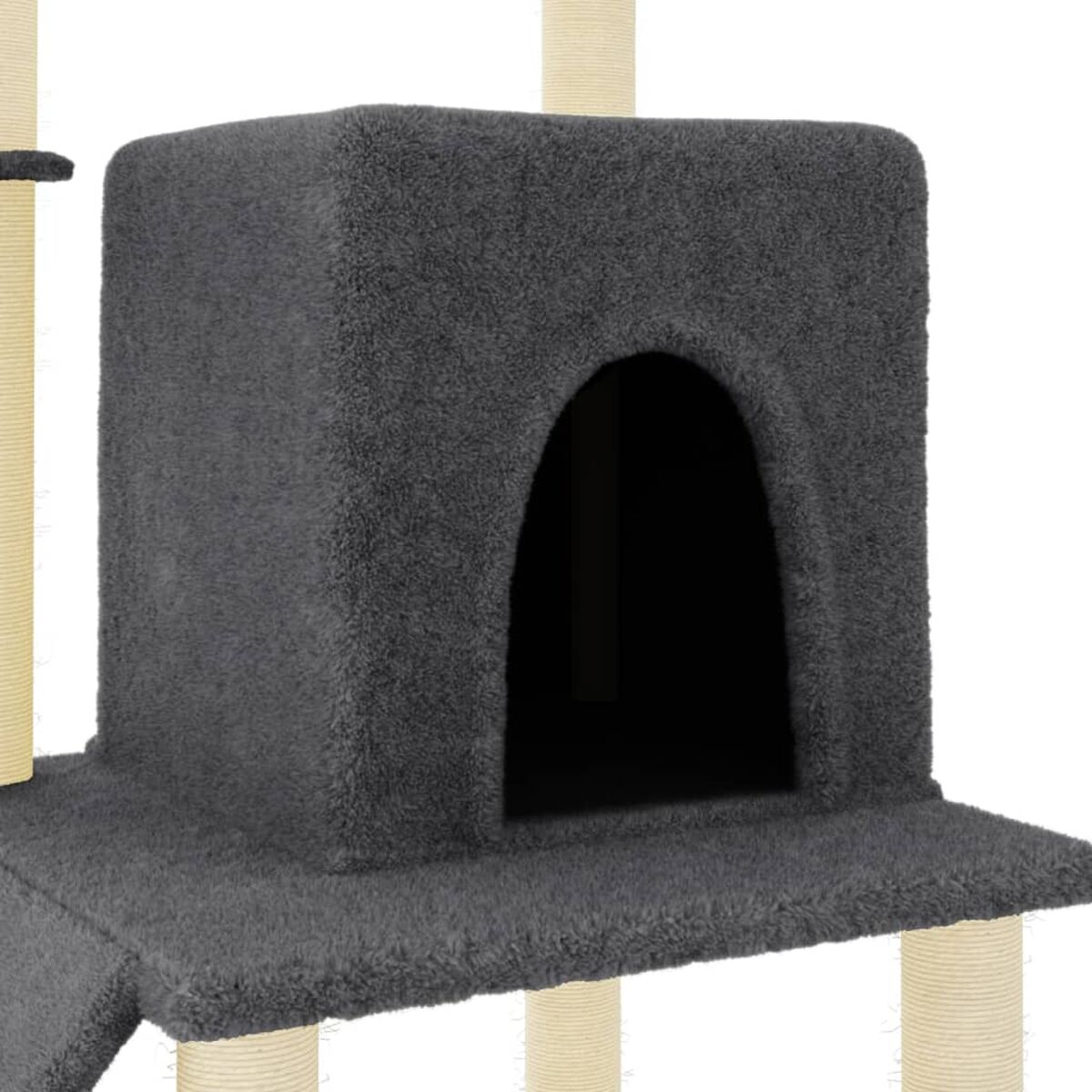 Grauer Katzenbaum mit Höhle und Plattformen. Er hat eine dunkelgraue Höhle.