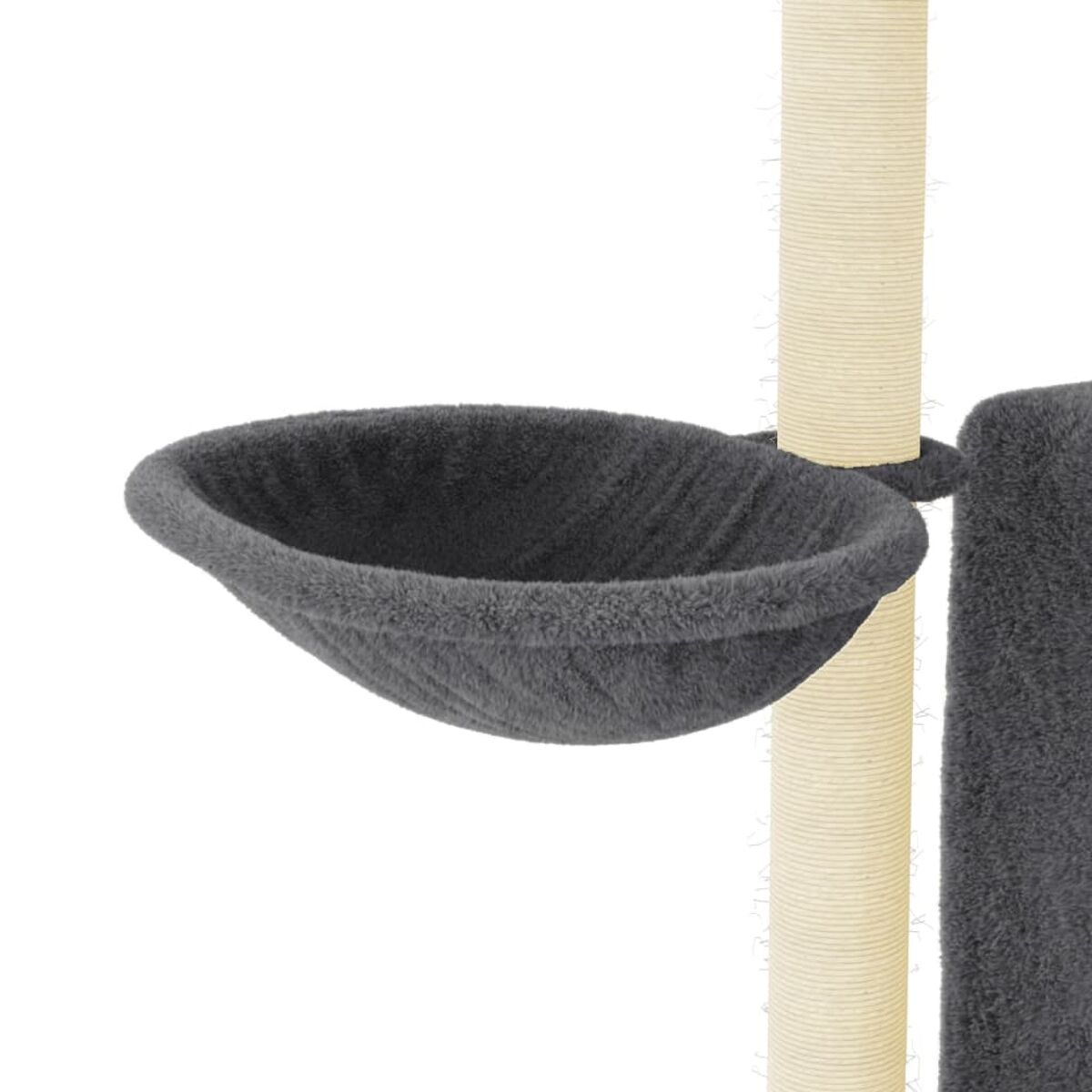 Katzenbaum mit einem grauen, flauschigen Katzenbett.