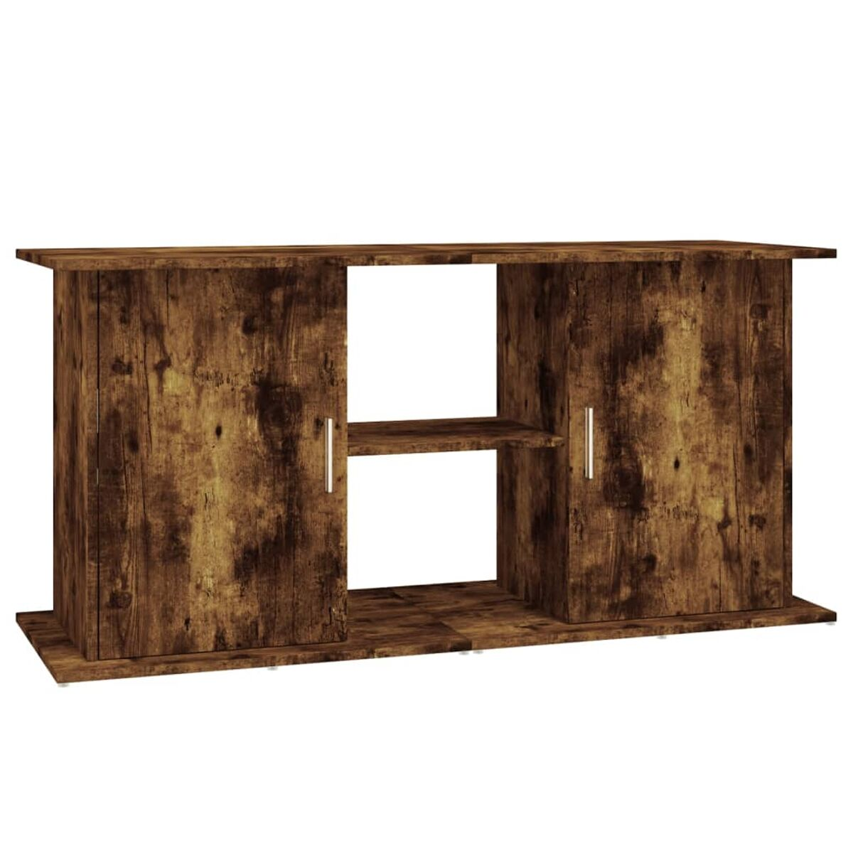 Ein brauner TV-Ständer aus Holz mit zwei Türen und einem Regal, auf weißem Hintergrund.