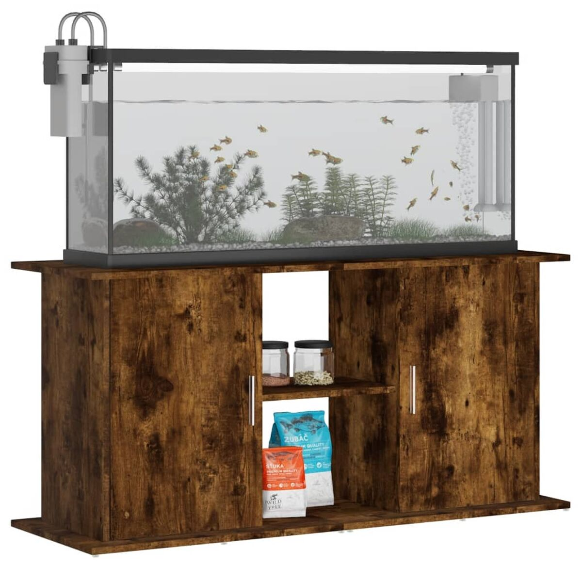 Aquarium mit Dekoration und Fischen auf einem Holzständer. Braune Holzoberfläche.