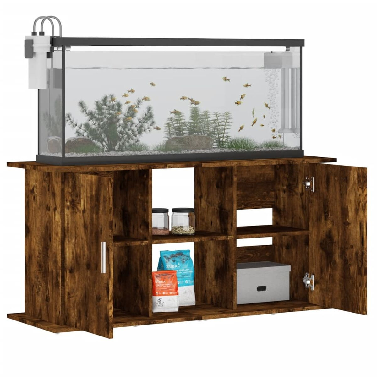 Ein brauner Schrank mit Aquarium, Fische darin, weißer Hintergrund.