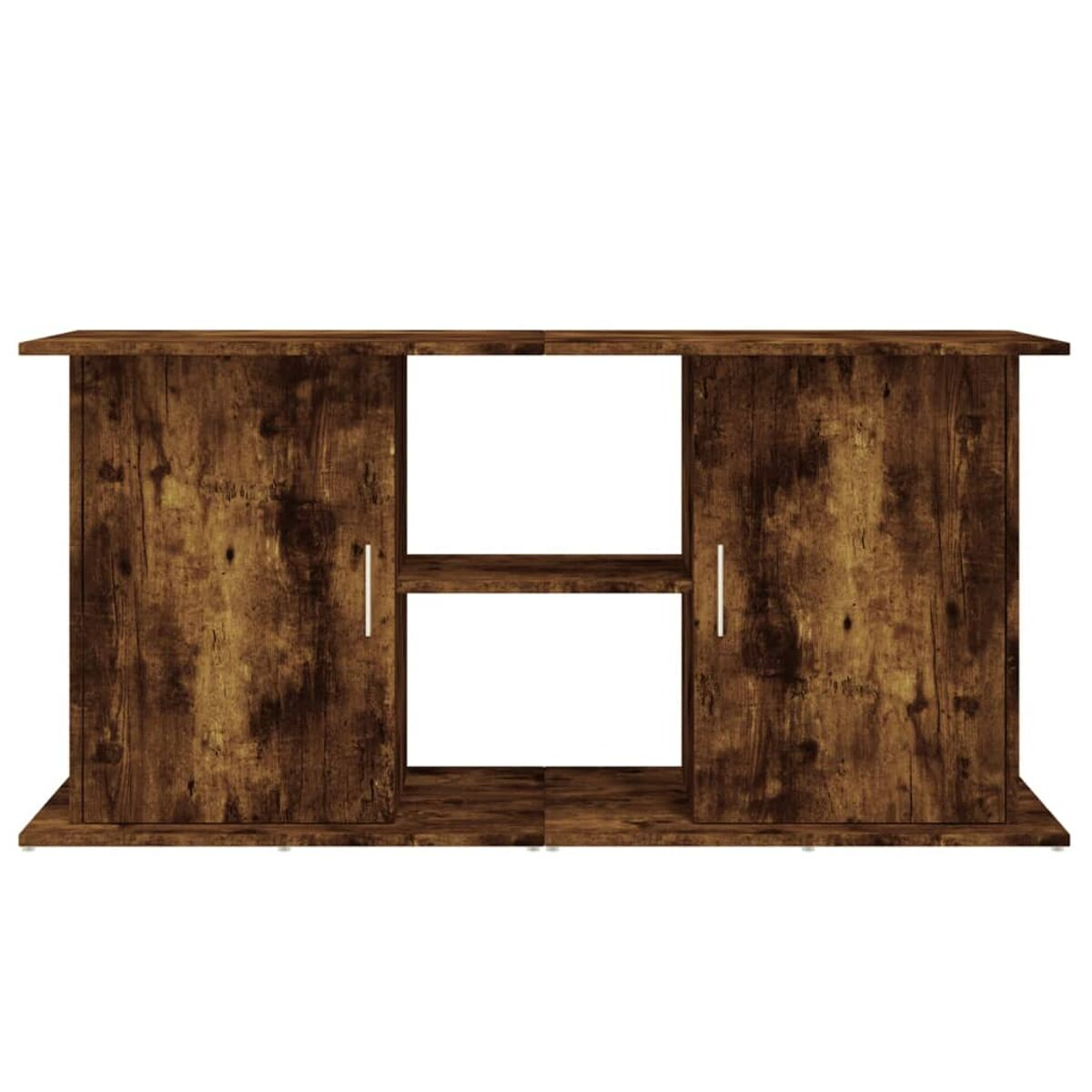 Brauner Holzschrank mit zwei Türen und einem offenen Mittelregal, auf weißem Hintergrund.