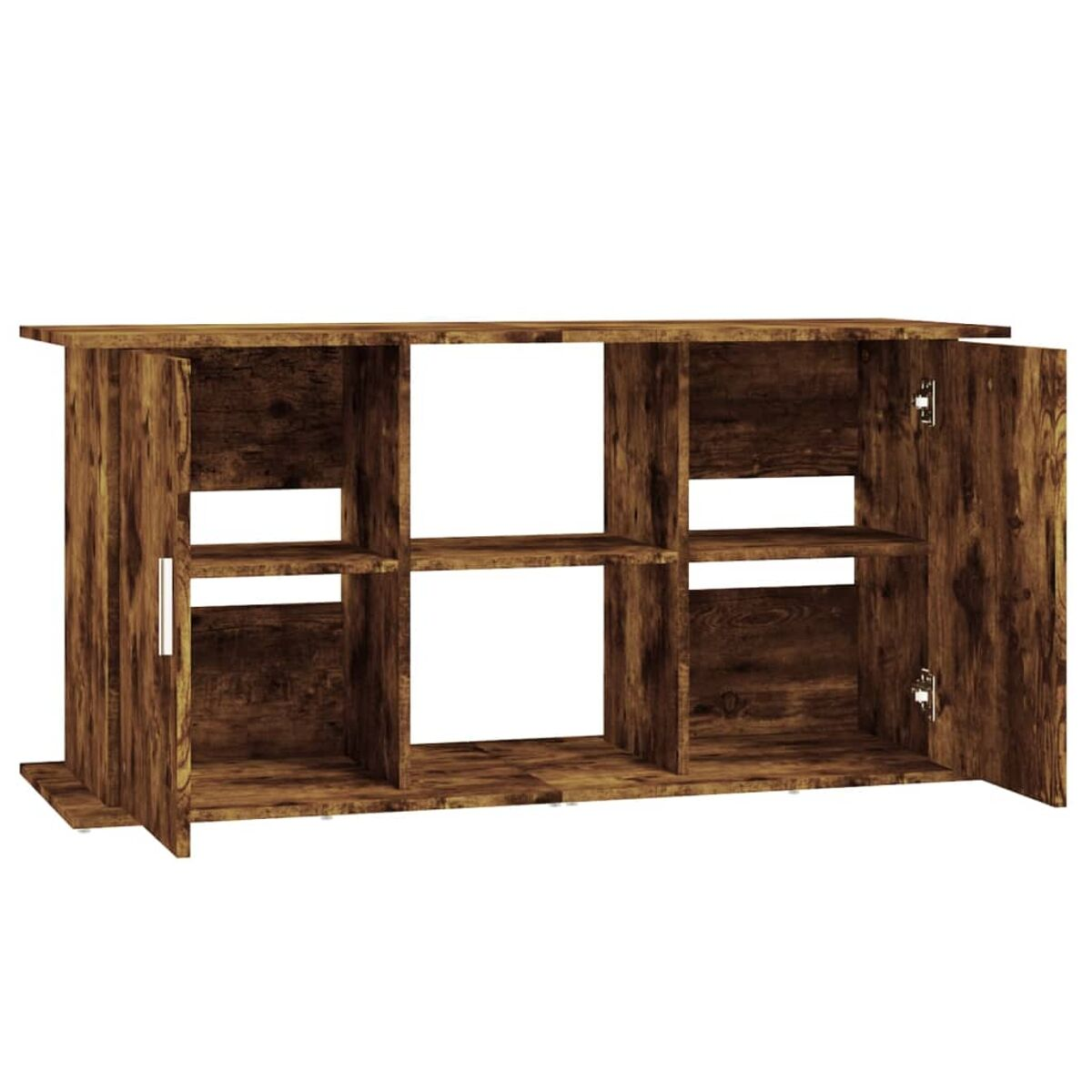 Ein Holzschrank mit sechs offenen Fächern und zwei Türen.