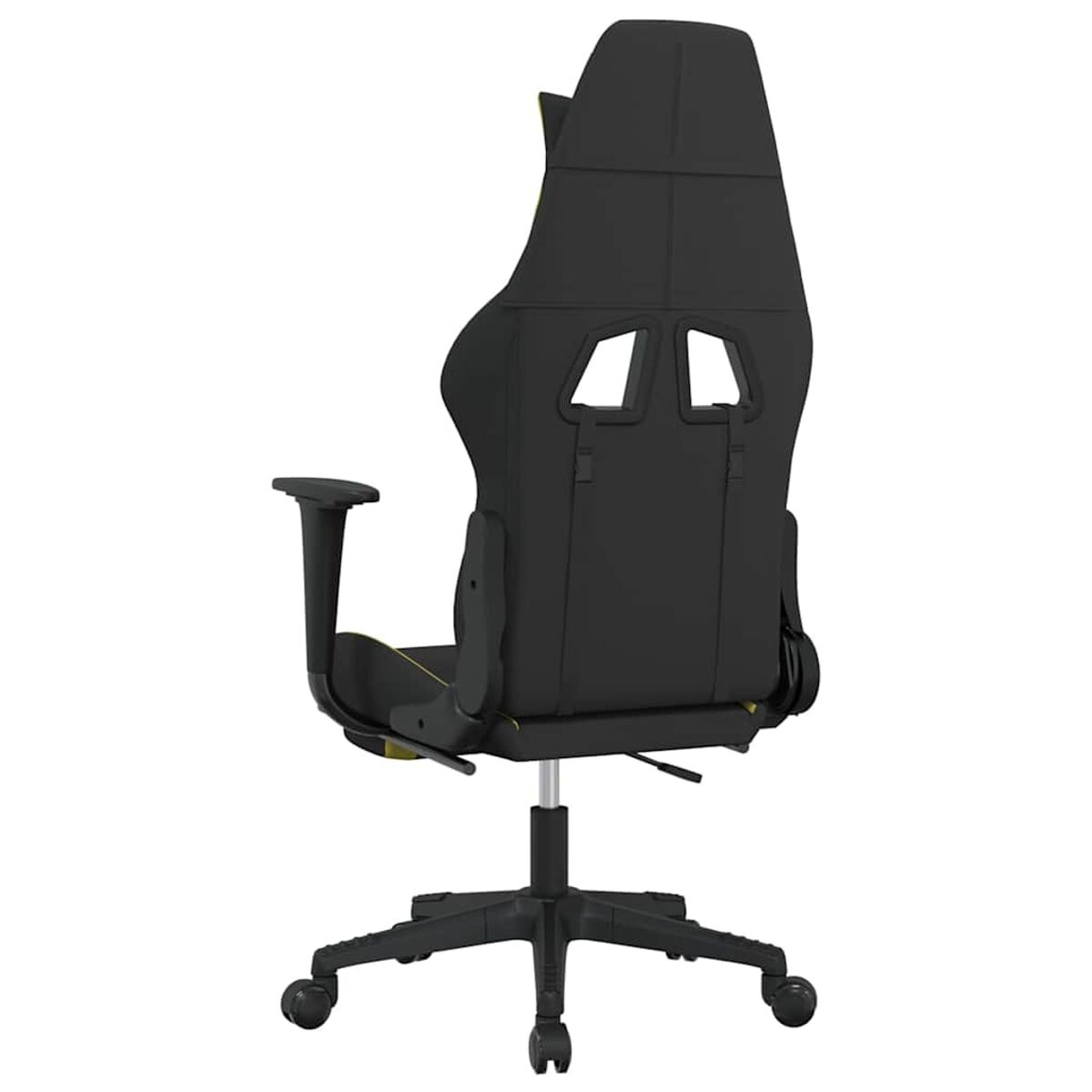 Schwarzer Gaming-Stuhl mit gelben Akzenten. Er hat eine hohe Rückenlehne, Armlehnen und eine Basis mit Rädern.