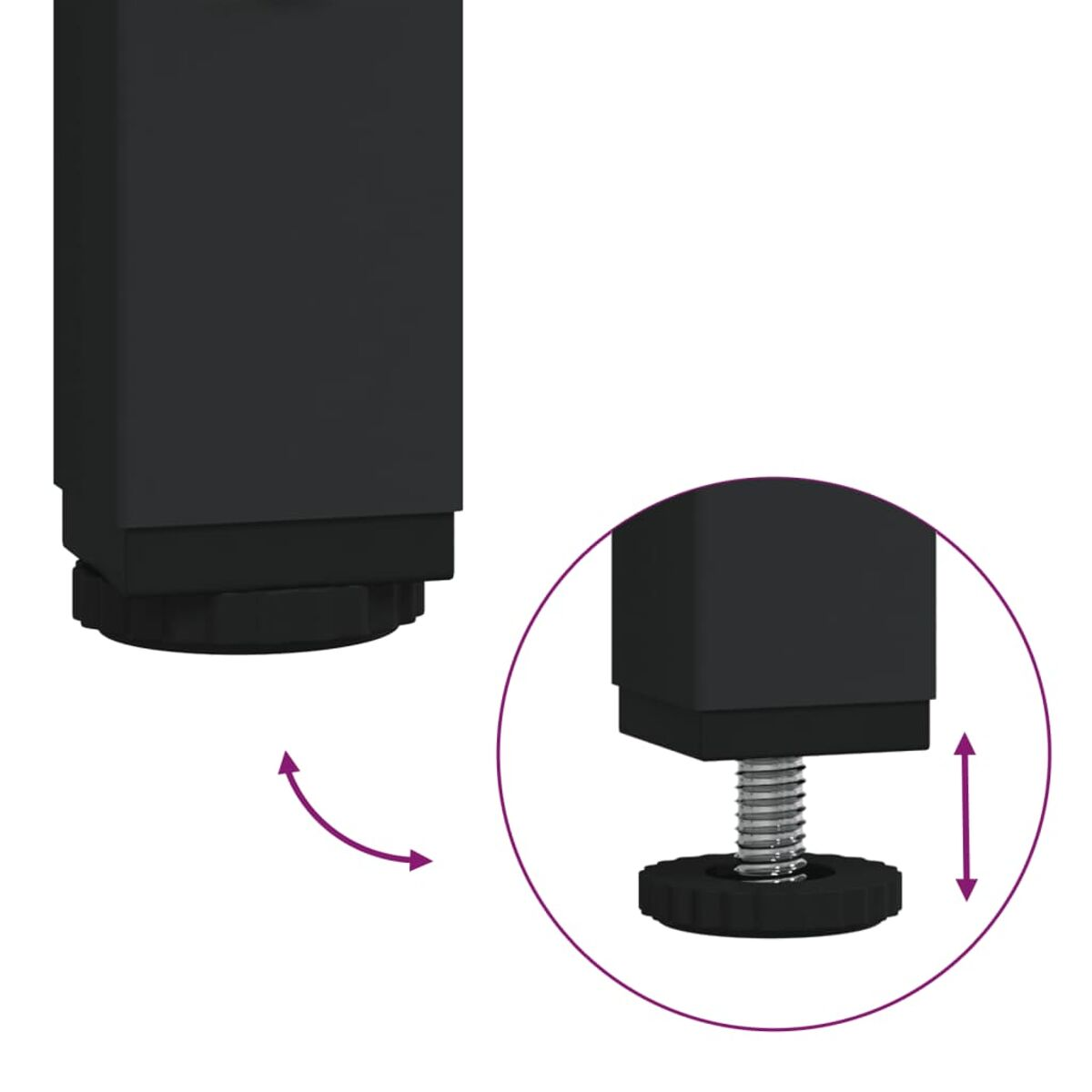 Nahaufnahme eines Möbelfußes mit verstellbarem Fuß. Schraubmechanismus zur Höhenverstellung.