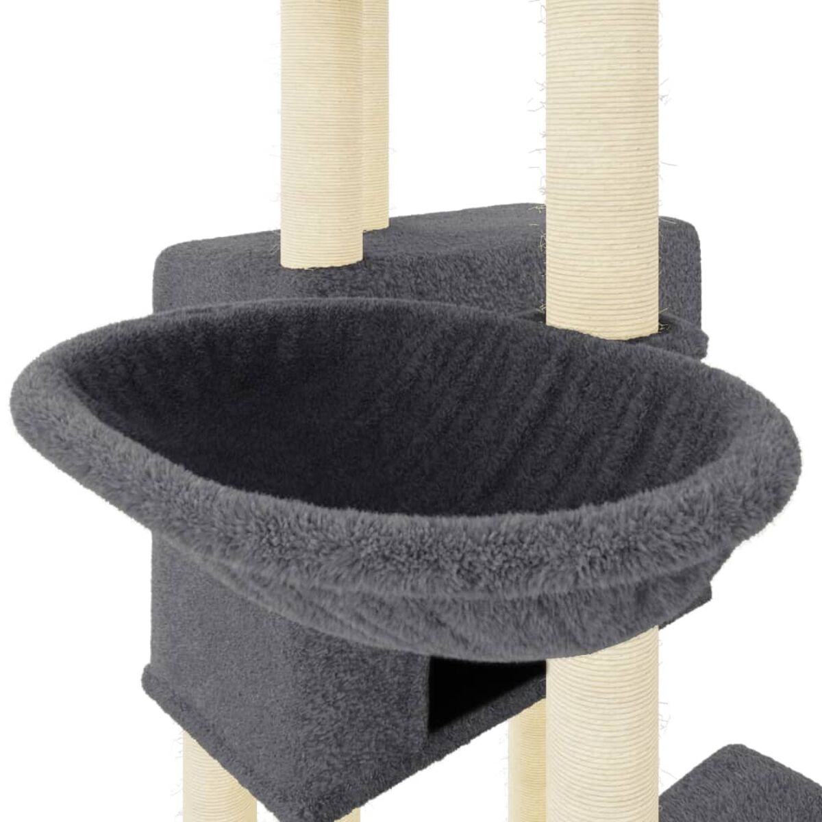 Detail des Katzenbaums, dunkelgraues, gepolstertes Bett, beige Pfosten, weißer Hintergrund.