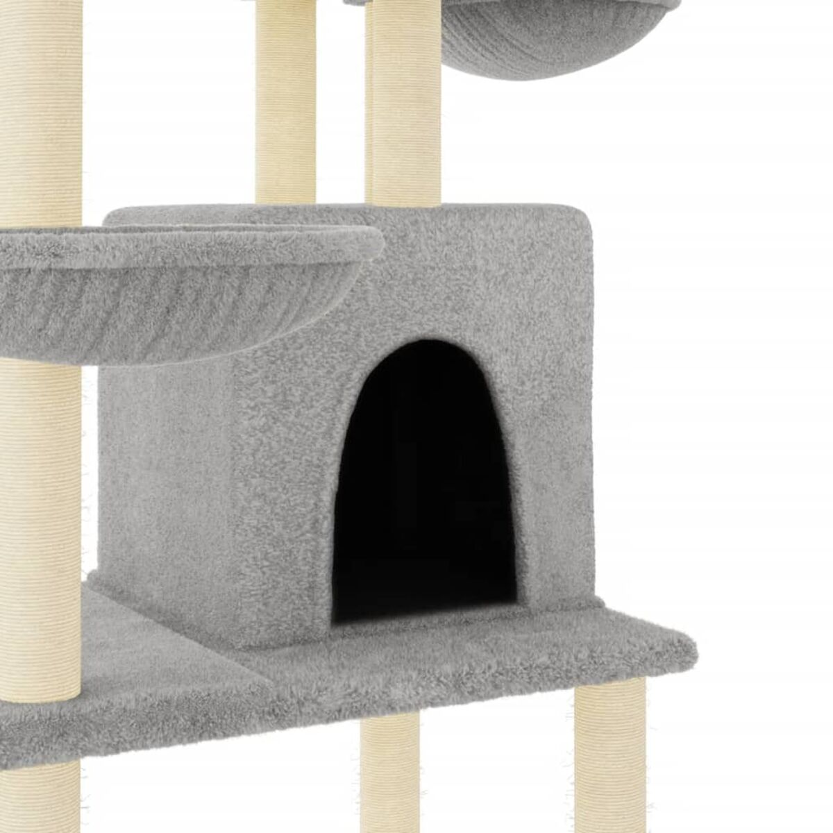 Grauer Katzenturm mit mehreren Ebenen, einer Höhle und Kratzbäumen. Beige Stützen.