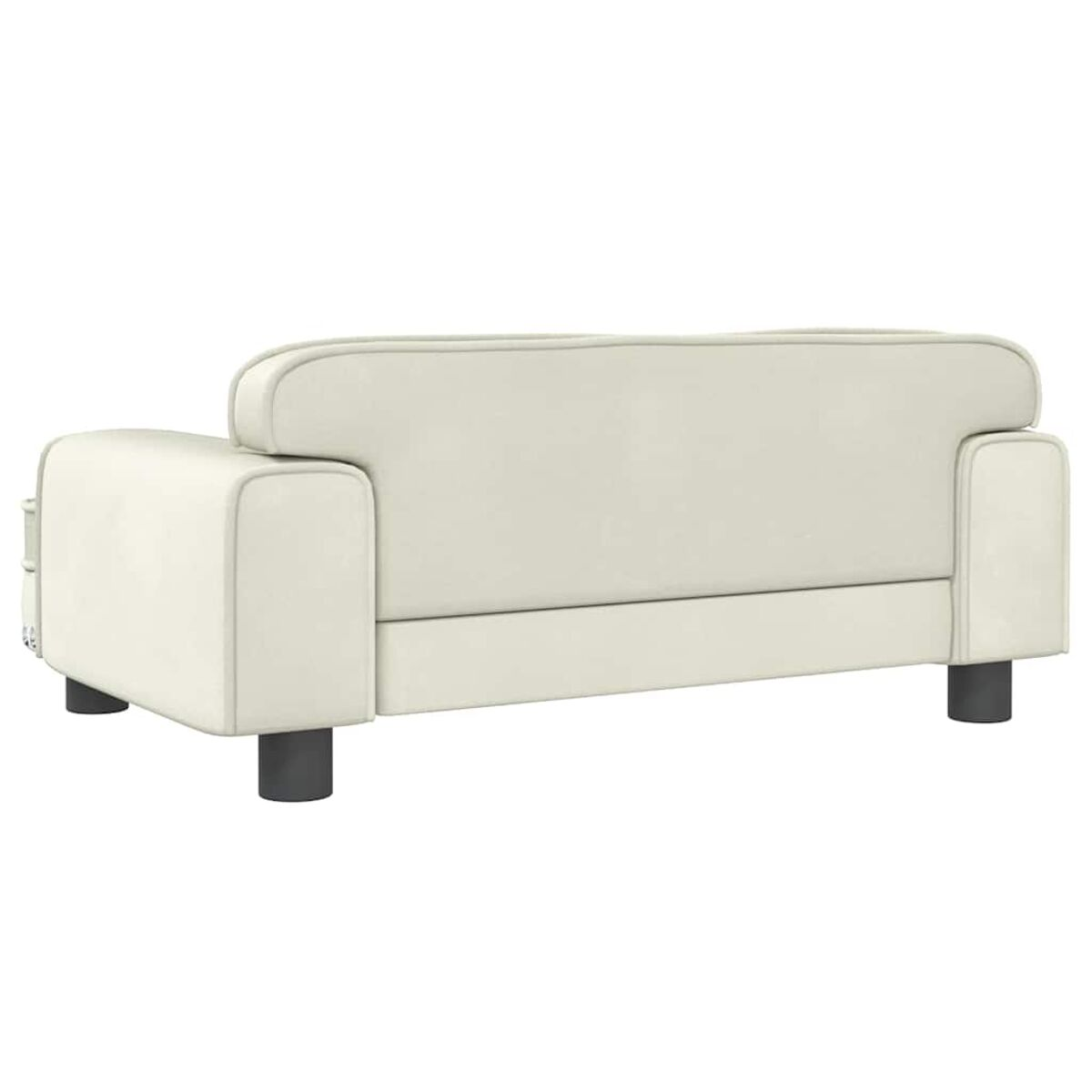 Cremefarbenes Sofa, Rückansicht, mit schwarzen Beinen. Das Sofa hat ein einfaches, kastenförmiges Design mit niedrigem Rücken.