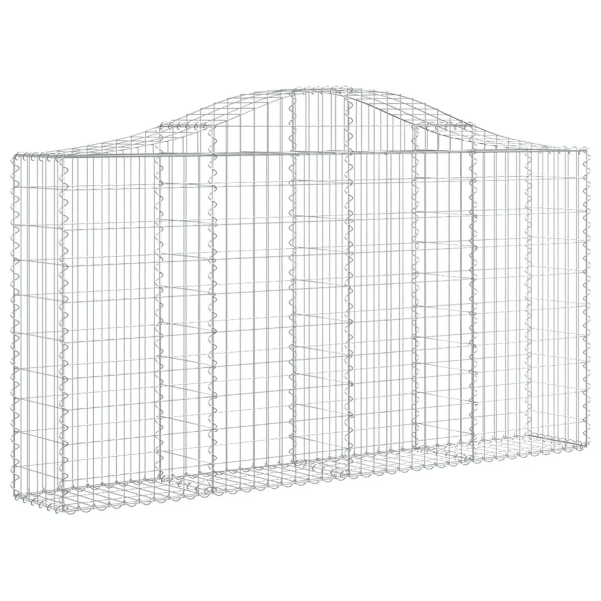 Grauer Metallgitter-Gabion mit gewölbtem Oberteil.
