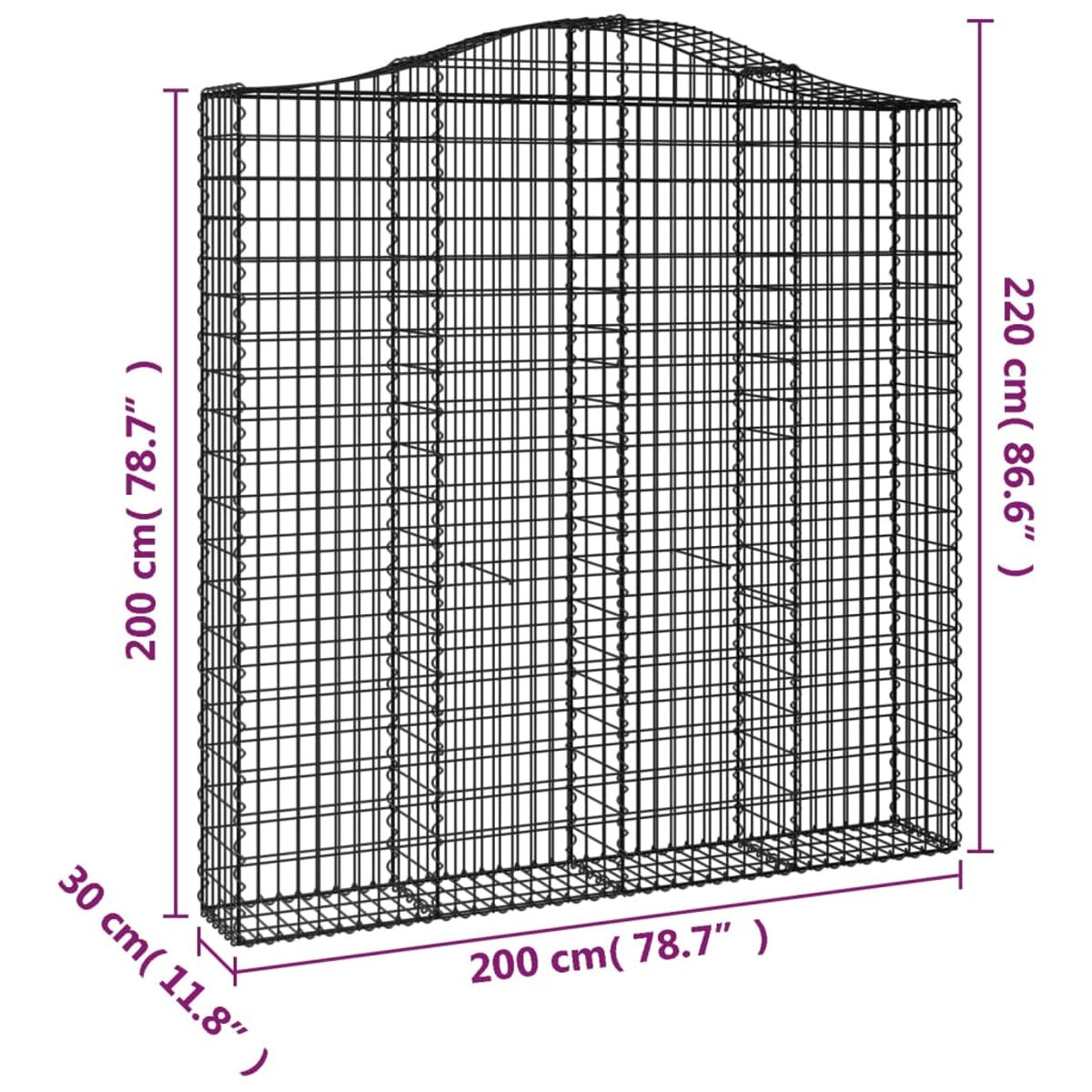 Ein Drahtgitter-Gabion mit Abmessungen. Es ist rechteckig und hat eine gewölbte Oberseite. Der Hintergrund ist weiß.