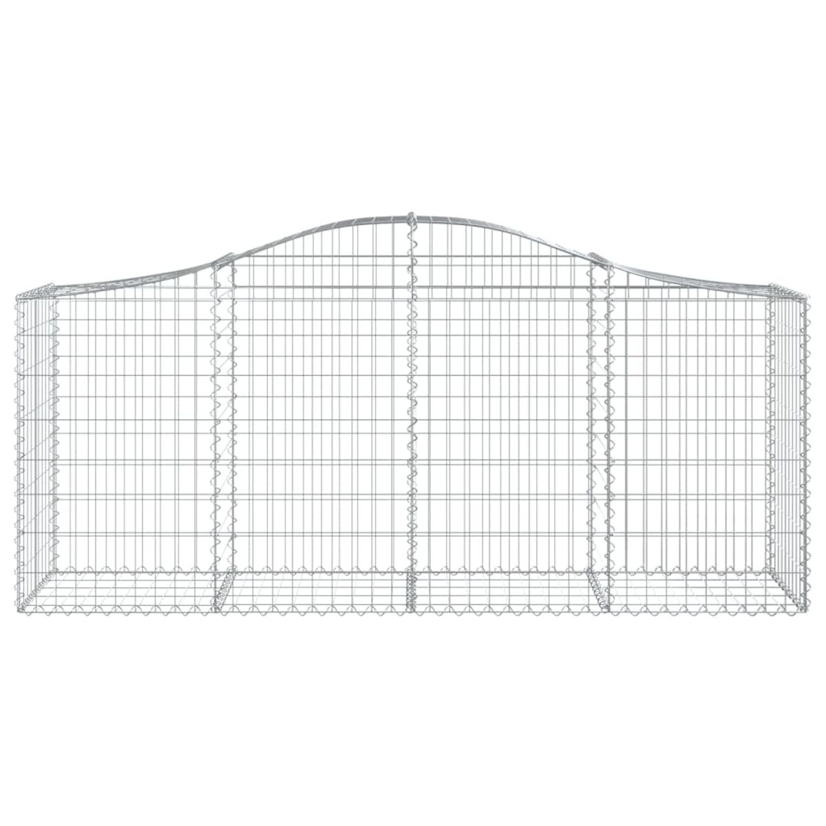 Ein Metall-Gabion mit gewölbtem Dach. Er besteht aus Draht und ist rechteckig.