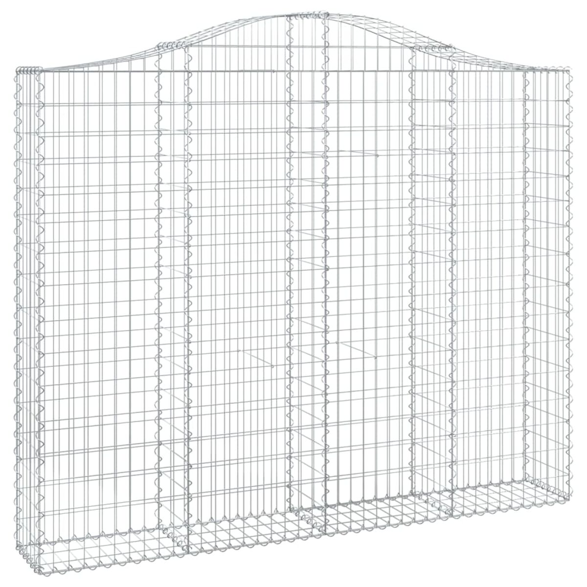 Ein Drahtgeflecht-Gabion in Bogenform auf weißem Hintergrund.