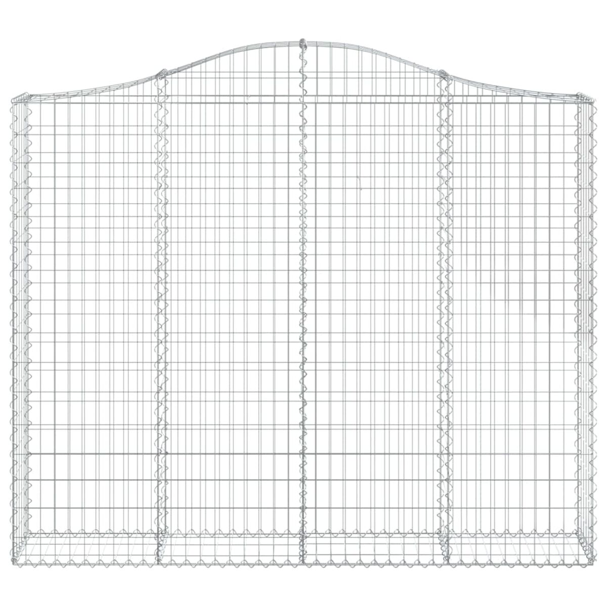 Ein Drahtgeflecht-Gabion. Das Gabion ist rechteckig mit gewölbtem Dach.