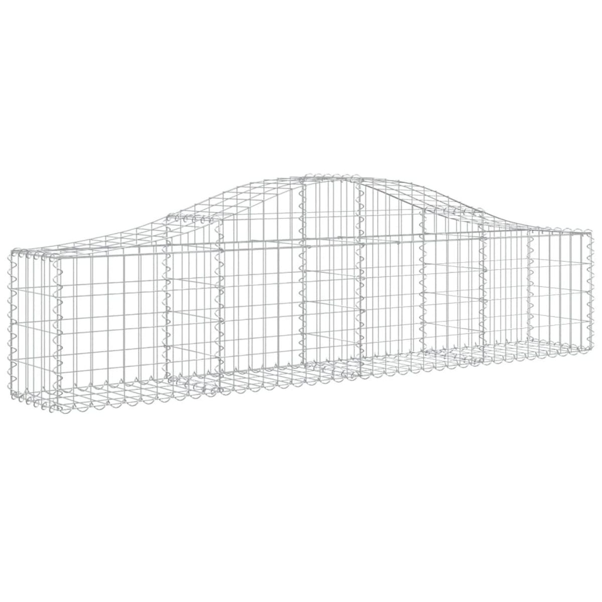 Gabionenkäfig aus Metalldraht mit gewölbtem Dach, leer, vor weißem Hintergrund.