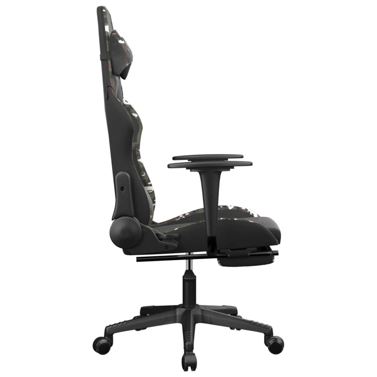 Gaming-Stuhl im Profil mit schwarzem Fuß und Armlehnen, Tarnmuster.