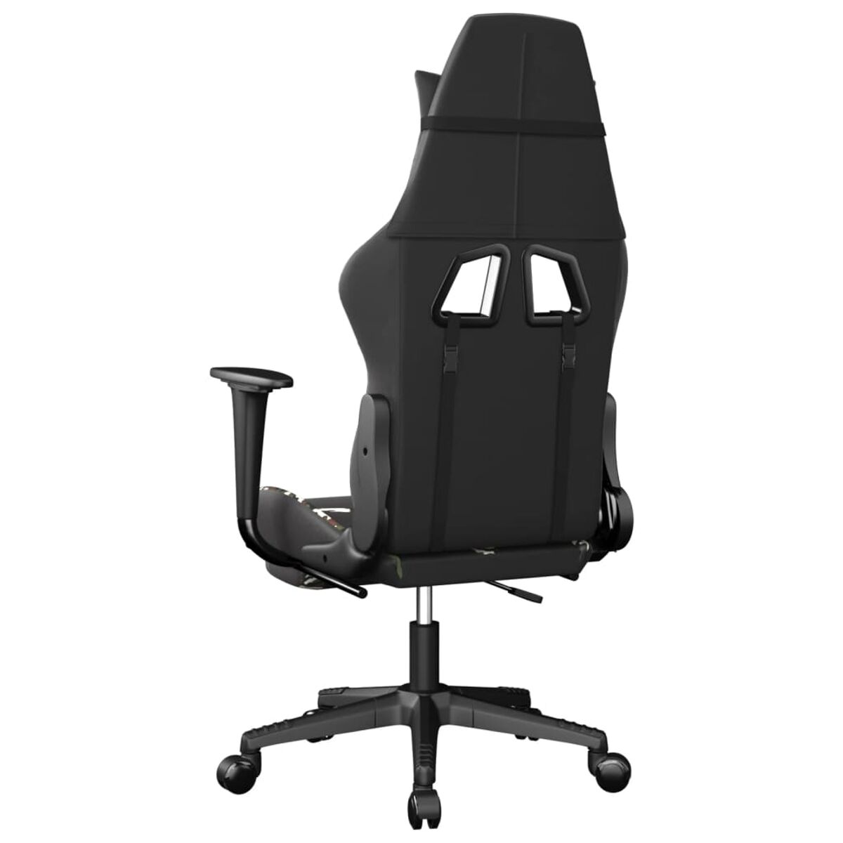 Gaming-Stuhl, schwarz mit schwarzen und grünen Akzenten. Rückansicht, auf weißem Hintergrund.