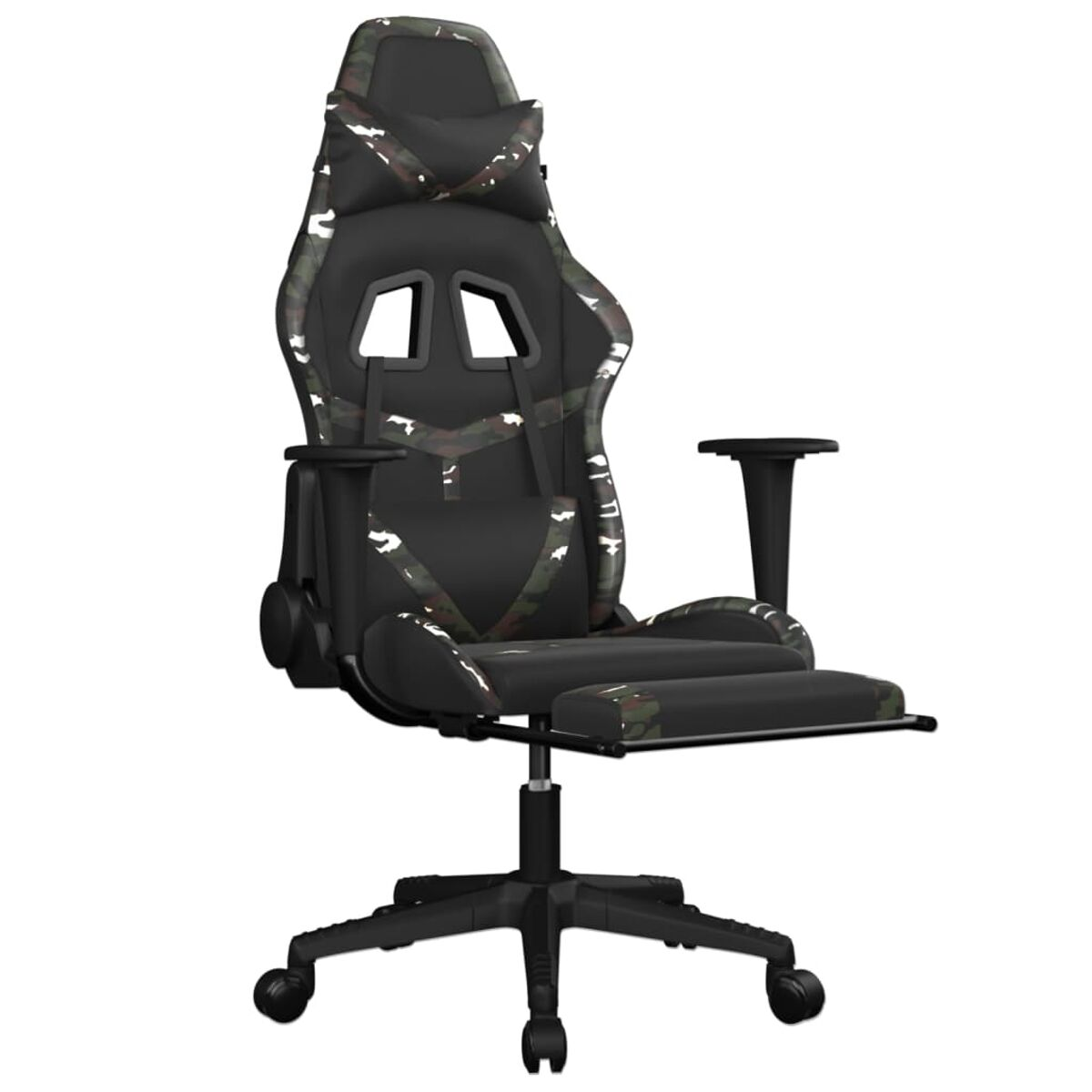 Ein Gaming-Stuhl mit schwarzem und Tarnmuster-Design. Er hat eine Fußstütze.