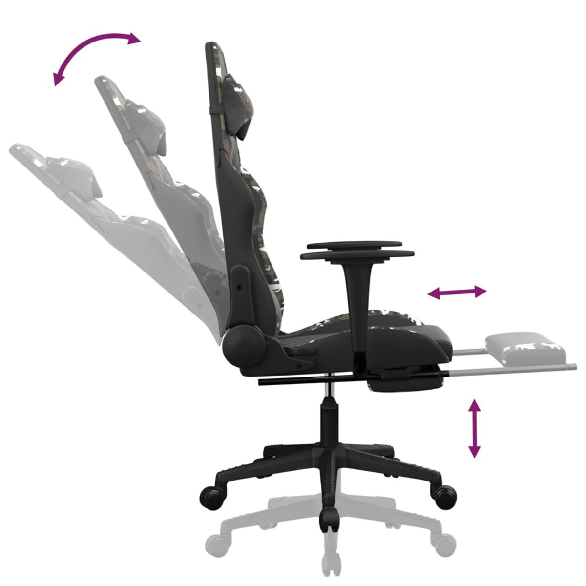 Schwarzer Gaming-Stuhl mit verstellbaren Funktionen, auf Rädern, weißer Hintergrund.