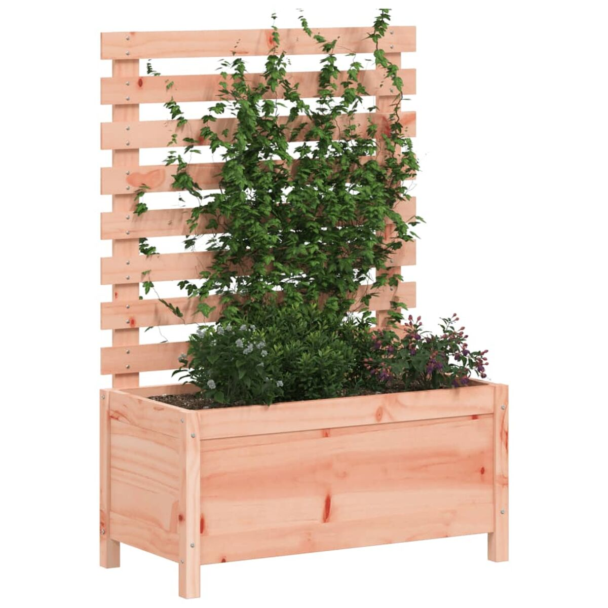 Pflanzkasten aus Holz mit Holzspalier, gefüllt mit Pflanzen.