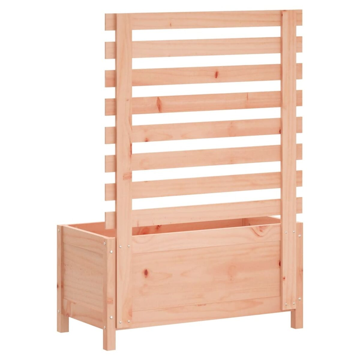 Holzpflanzer mit Lattenrückwand. Hellbraune Farbe. Weißer Hintergrund.