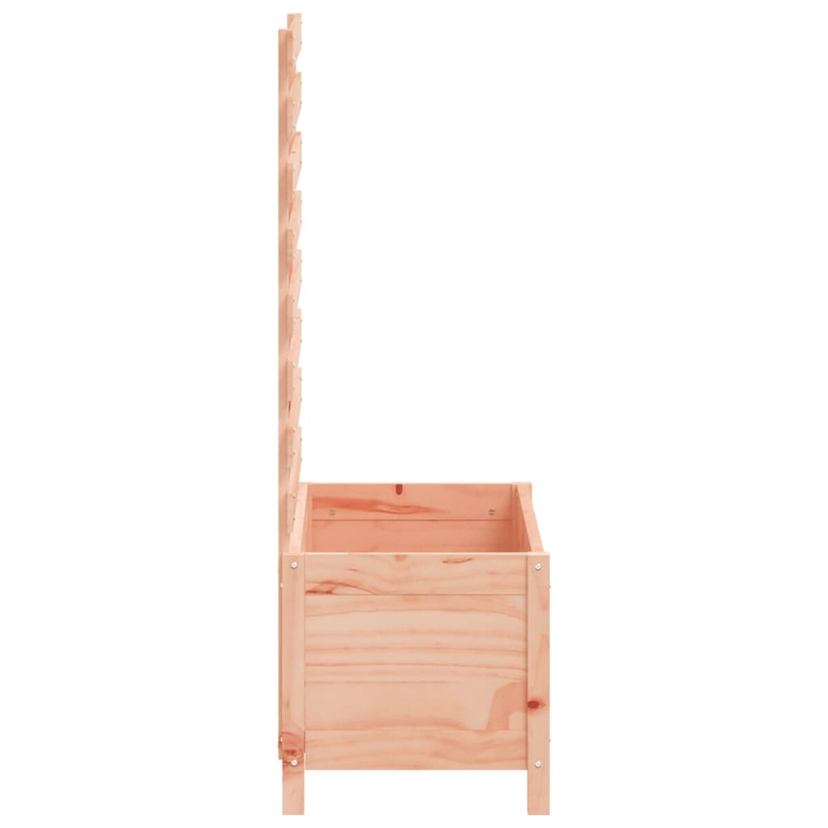 Holzbepflanzer mit Spalier. Hellbraunes Holz. Seitenansicht. Weißer Hintergrund.