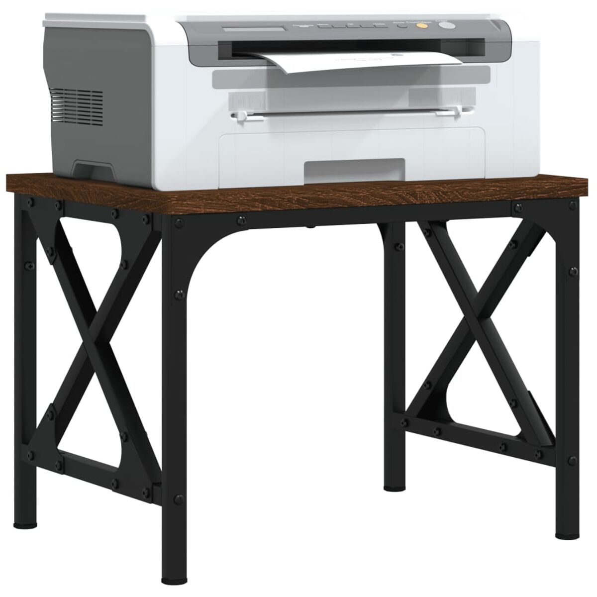 Ein Drucker auf einem Holztisch mit schwarzen Metallbeinen. Der Schreibtisch hat einen rustikalen, industriellen Look.
