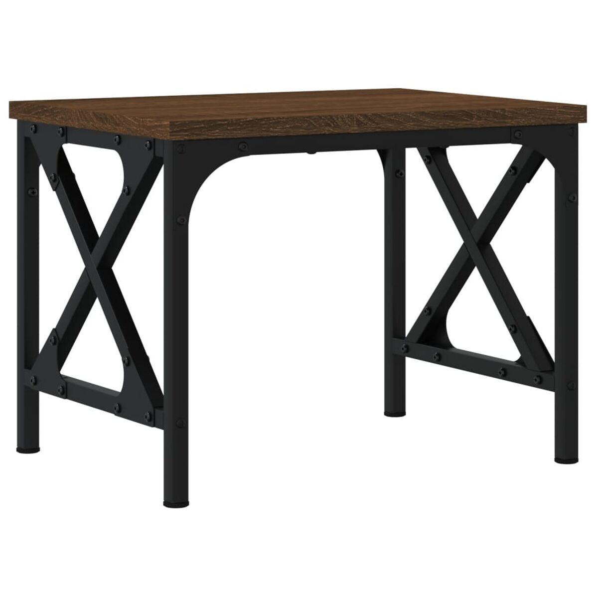Holzschreibtisch mit dunkelbrauner Oberfläche und schwarzen Metallbeinen, X-förmigen Stützen.