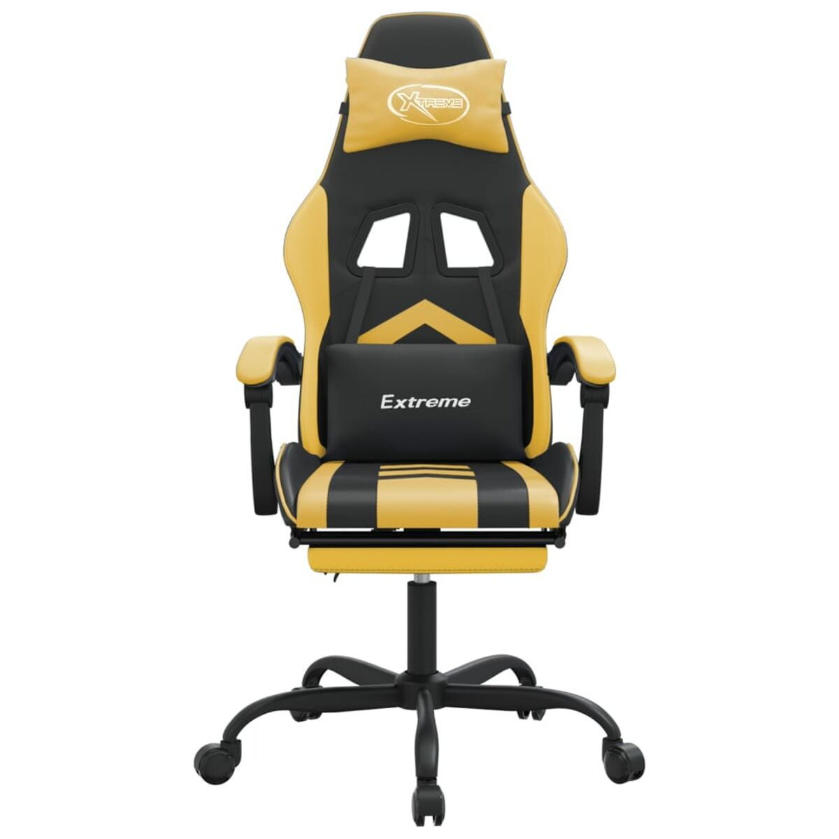 Ein schwarzer und gelber Gaming-Stuhl, Vorderansicht. Er hat eine Kopfstütze, Lordosenstütze und Armlehnen mit einem Untergestell.