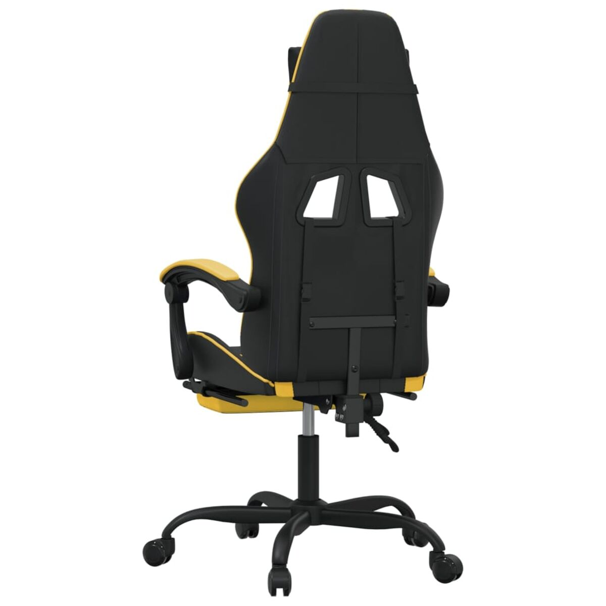 Gaming-Stuhl, Rückansicht. Er ist schwarz und gelb mit hohem Rücken und Rädern.