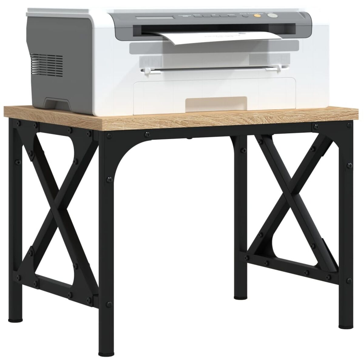 Ein Drucker auf einem Holztisch mit schwarzen Metallbeinen.