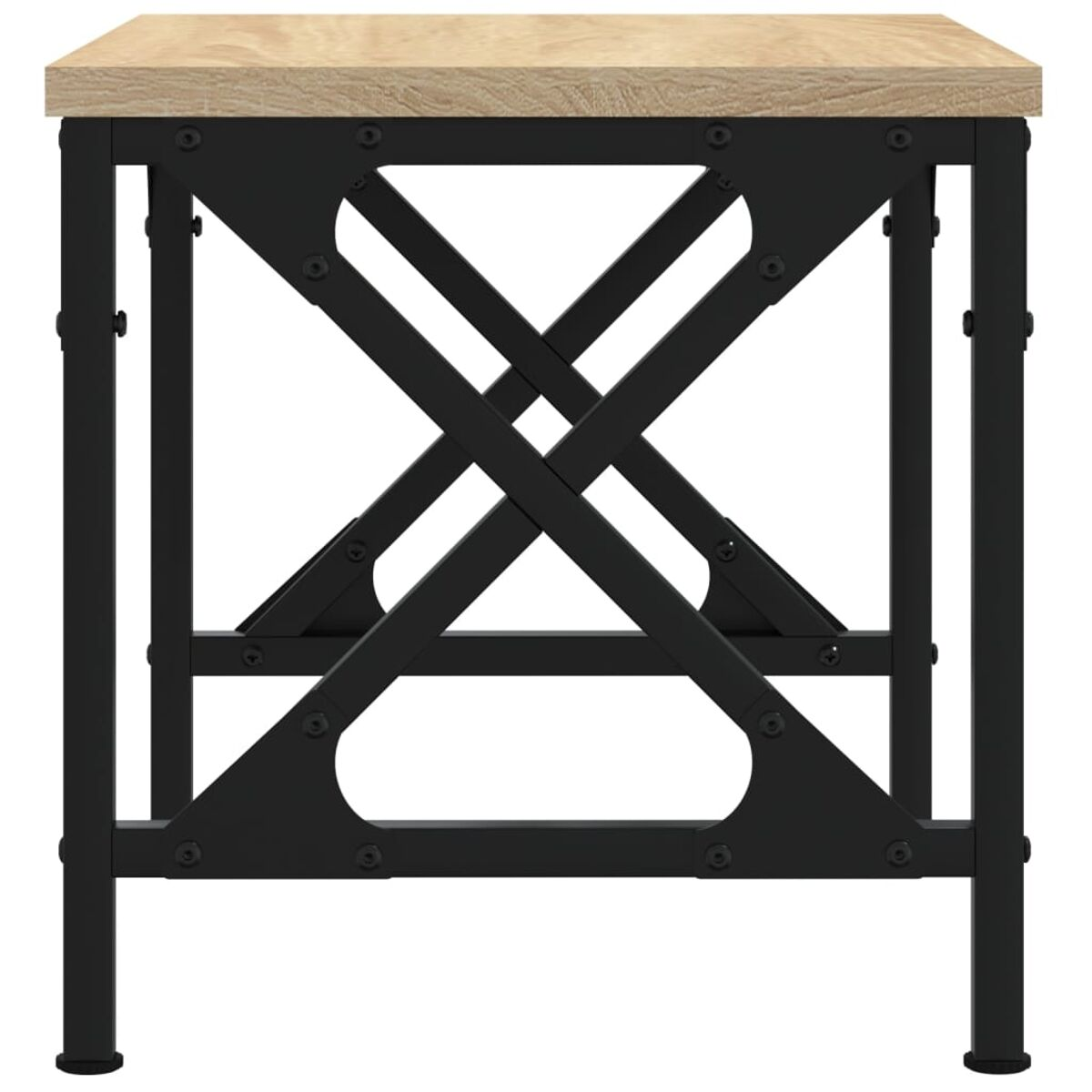 Kleiner Holztisch mit schwarzen Metallbeinen und einer hellen Holzplatte.