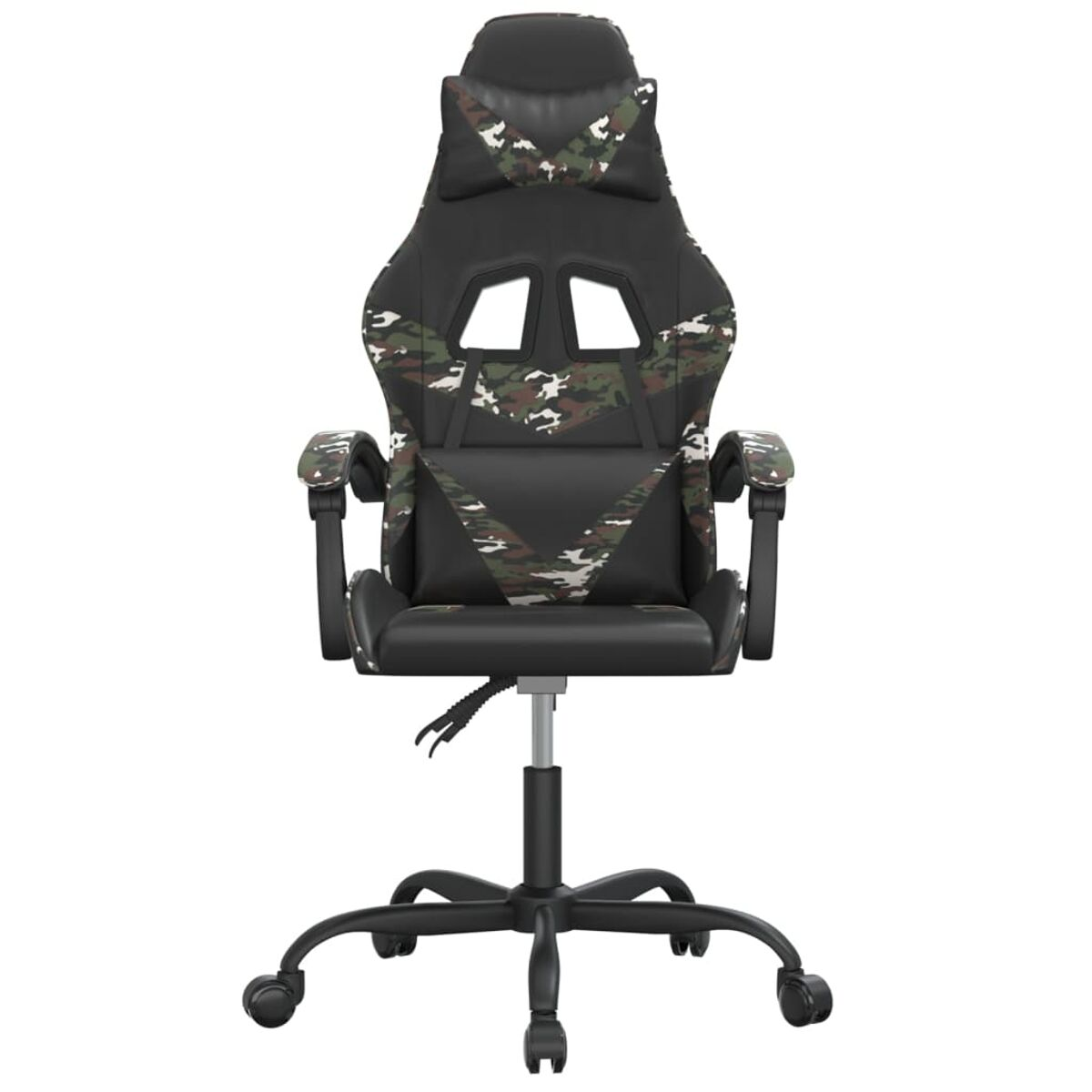 Schwarzer Gaming-Stuhl mit Tarnmuster auf Rücken und Armen. Frontalansicht.