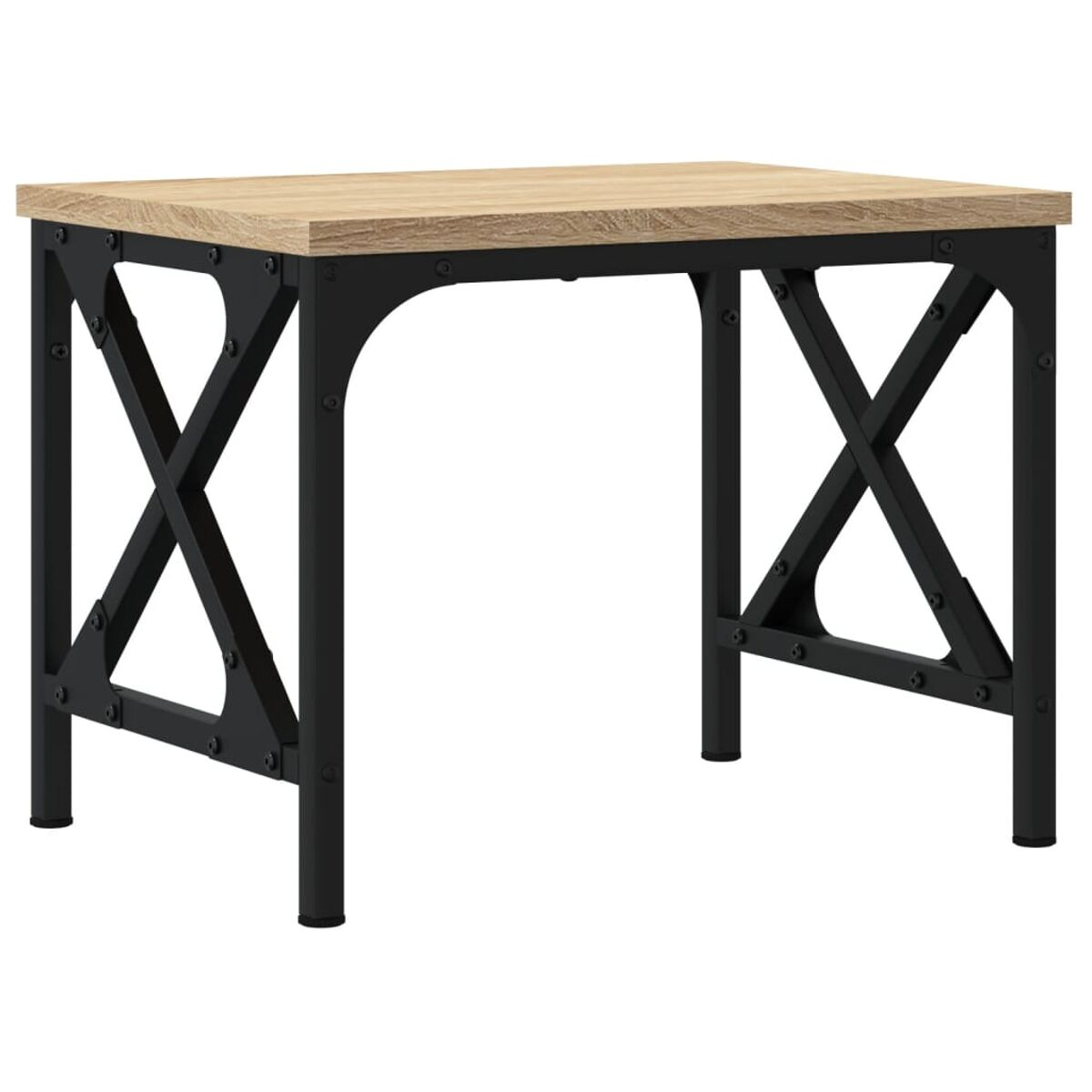 Holzschreibtisch mit schwarzem Metallrahmen. Schwarze Metallbeine mit X-förmigen Stützen. Hellbraune Tischplatte.