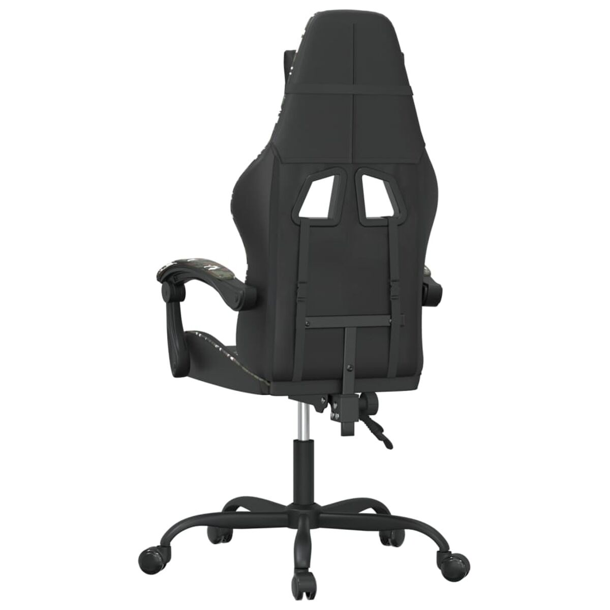 Schwarzer Gaming-Stuhl, Rückansicht. Hoher Rücken, Lendenwirbelstütze und Fünf-Rollen-Basis, auf weißem Hintergrund.