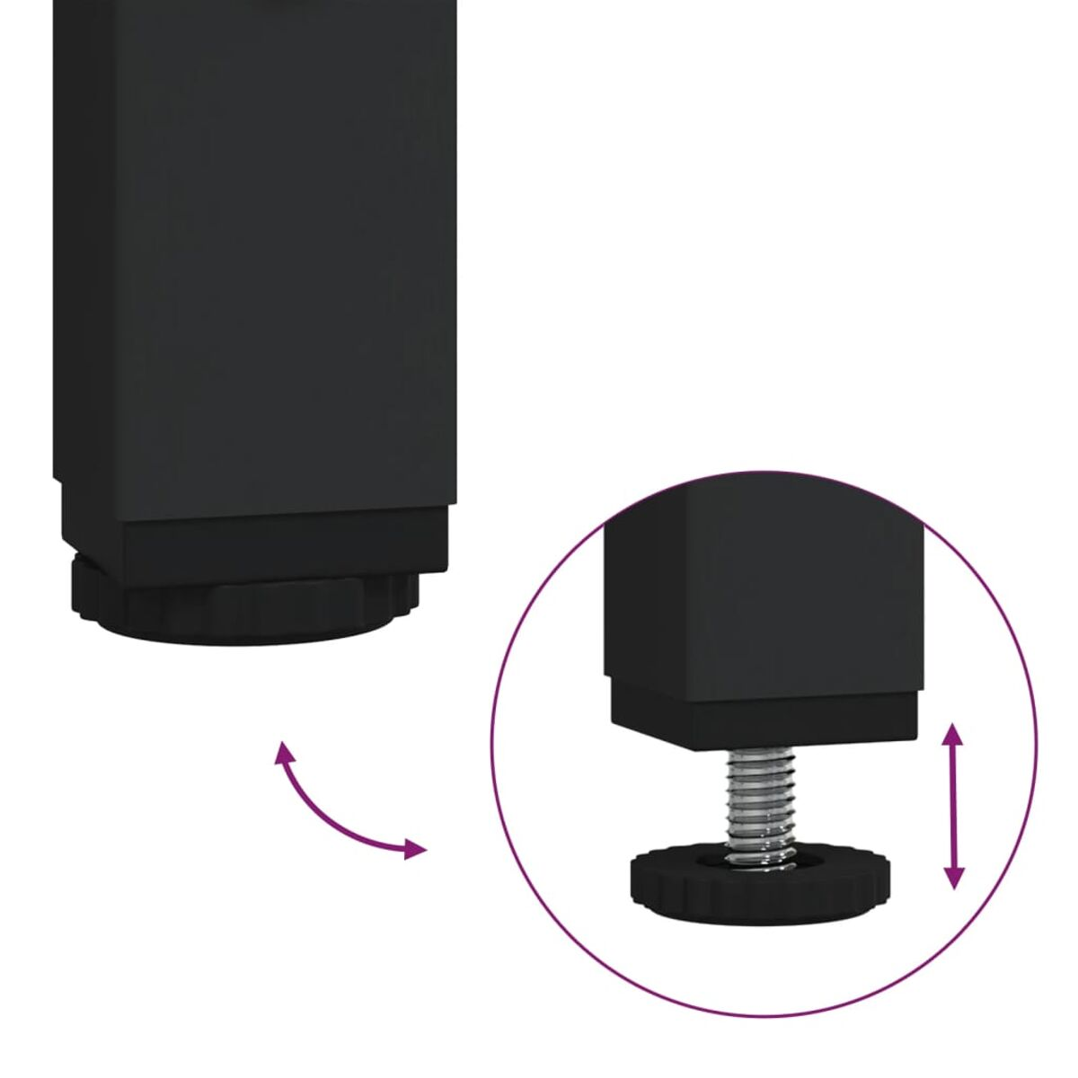 Schwarze, verstellbare Möbelfüße mit Schraubdesign, Nahaufnahme des Sockels.