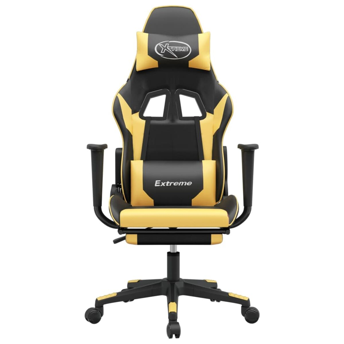 Gelb-schwarzer Gaming-Stuhl mit Kopfstütze und Armlehnen. Inklusive Rollenfuß.
