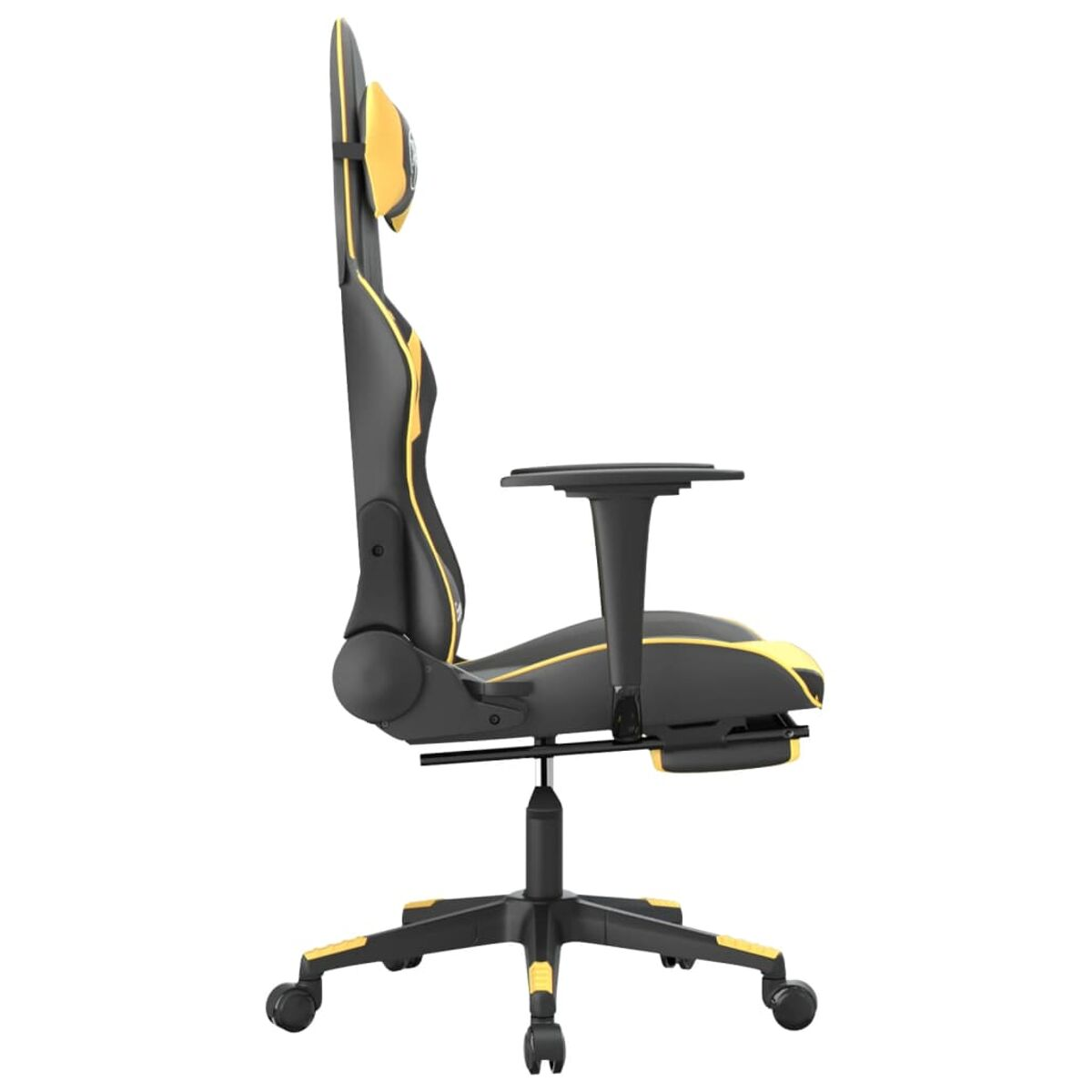 Seitenansicht eines schwarz-gelben Gaming-Stuhls mit Kopfstütze und Rollen.