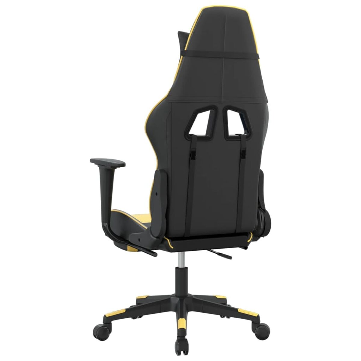Schwarzer und gelber Gaming-Stuhl von hinten. Er hat eine Kopfstütze und Räder.