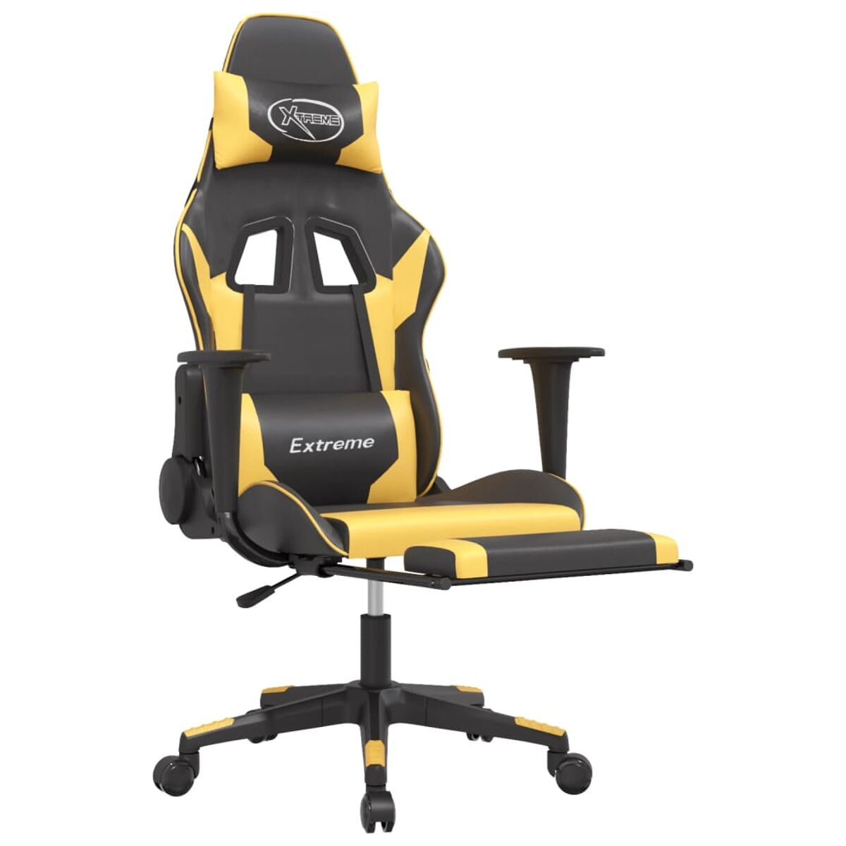 Ein gelber und schwarzer Gaming-Stuhl mit Beinauflage und dem Wort 'Extreme'.