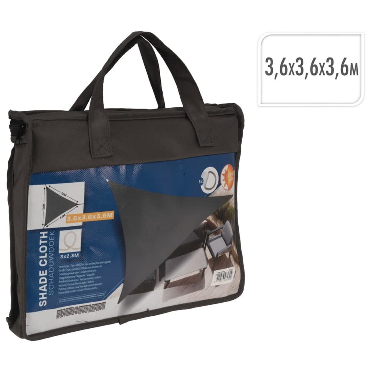 Schwarzes Sonnensegel in einer Tasche mit Maßen: 3,6x3,6x3,6M.