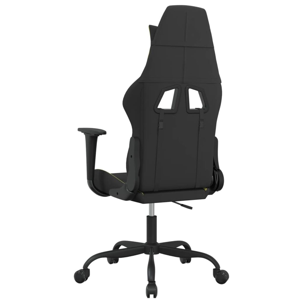 Rückansicht eines schwarzen Gaming-Stuhls auf Rollen mit schwarzem Untergestell und gelben Akzenten.