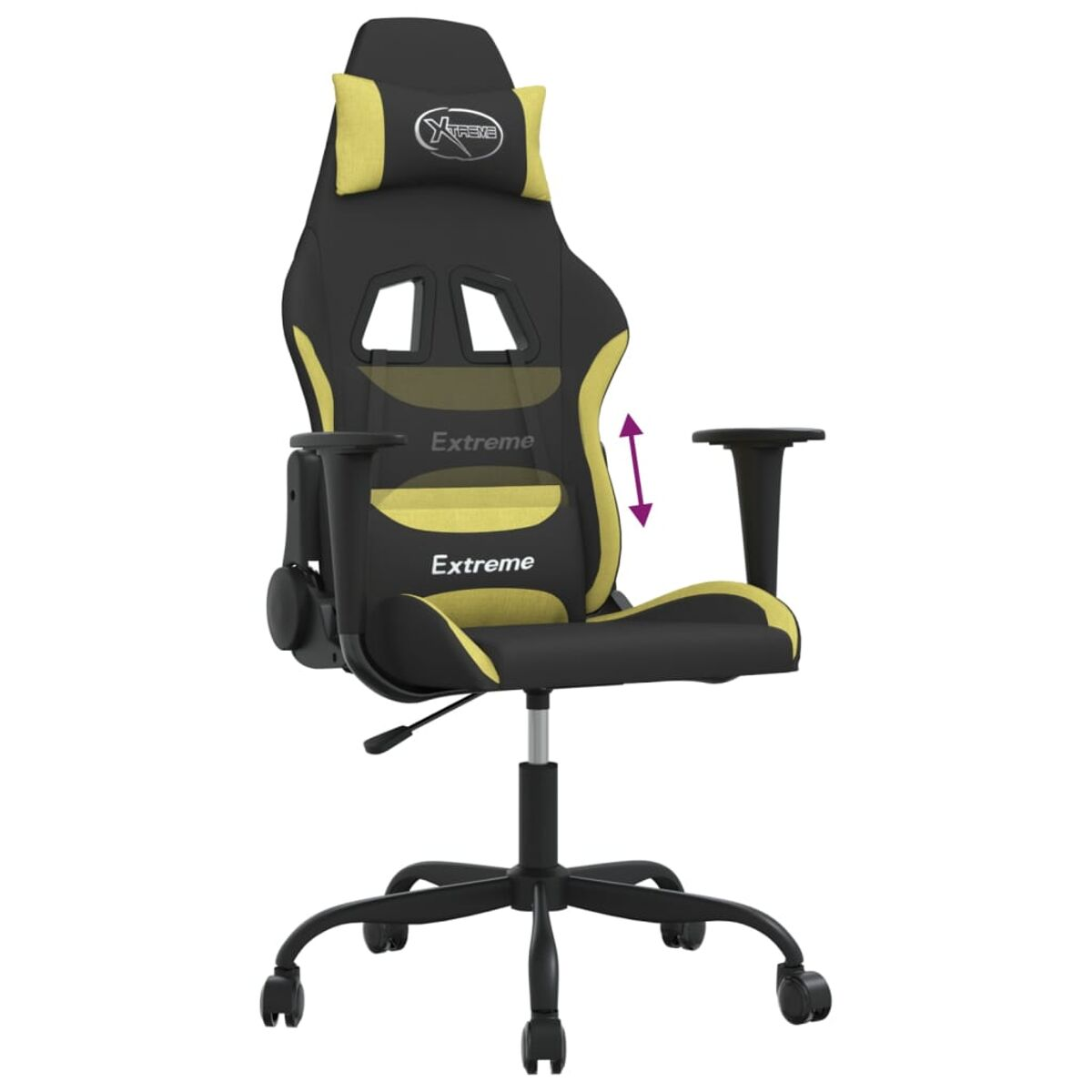Schwarz-gelber Gaming-Stuhl, höhenverstellbar, auf weißem Hintergrund.