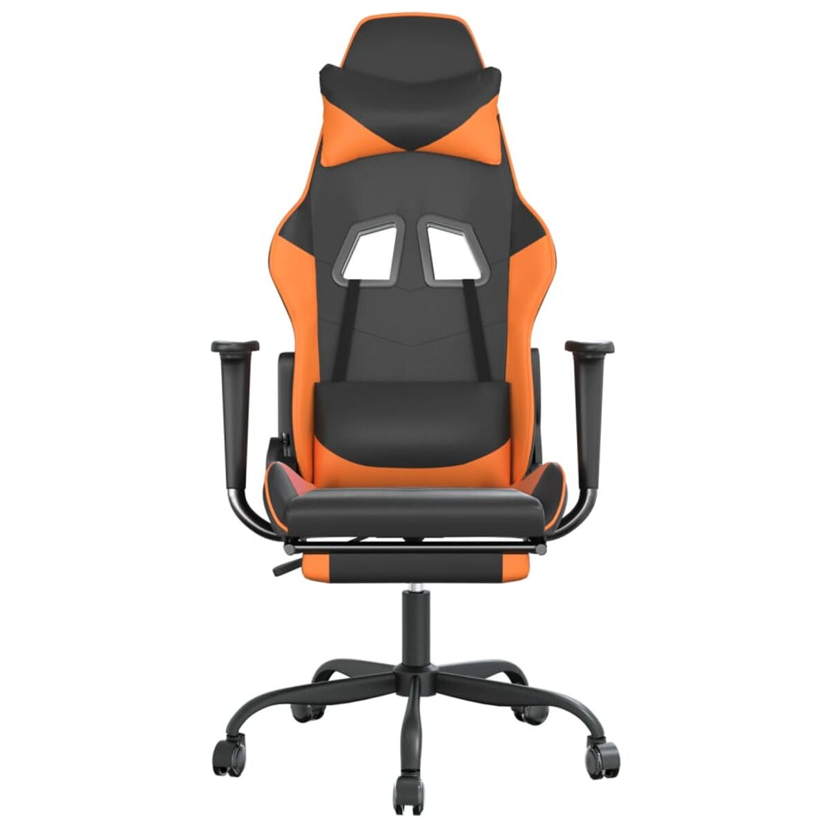 Oranger und schwarzer Gaming-Stuhl auf Rollen. Der Stuhl hat eine Kopfstütze und Armlehnen.