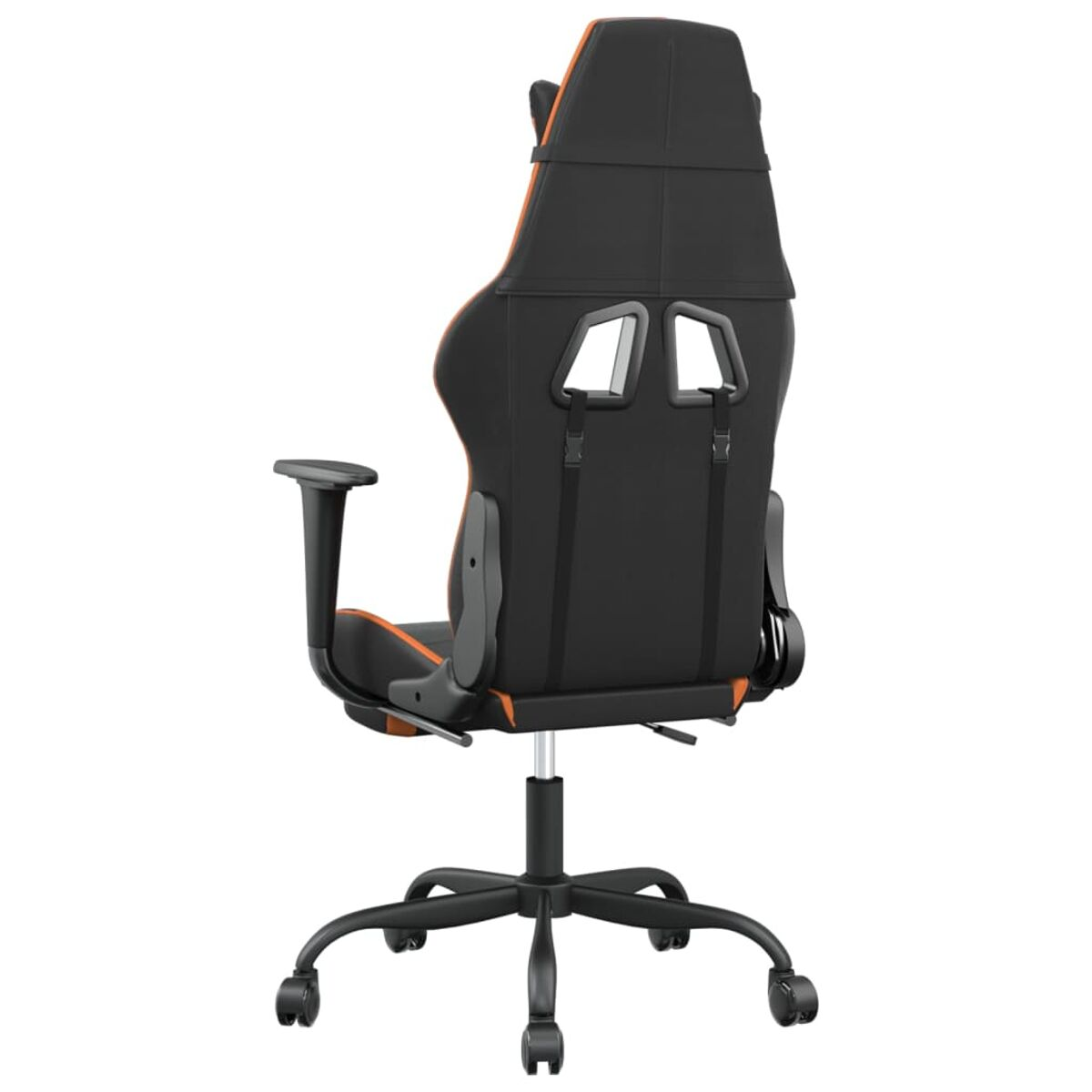 Rückansicht eines schwarz-orangenen Gaming-Stuhls. Er hat eine hohe Rückenlehne und Armlehnen.