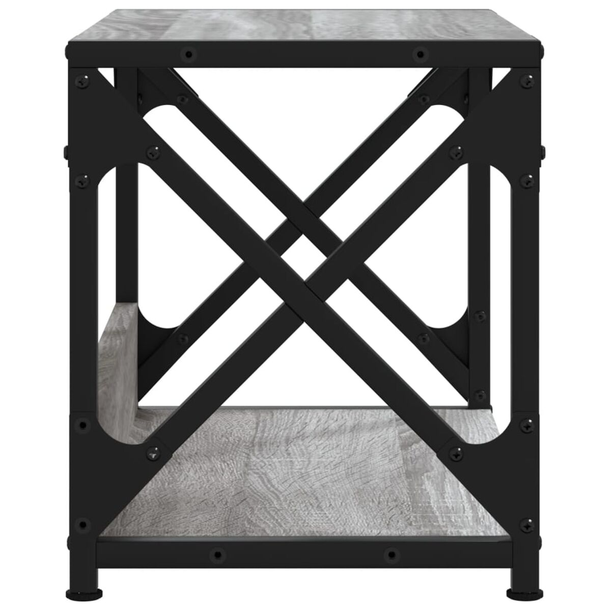 Grau-schwarzer Beistelltisch mit X-Design an der Seite. Aus Metall und Holz.