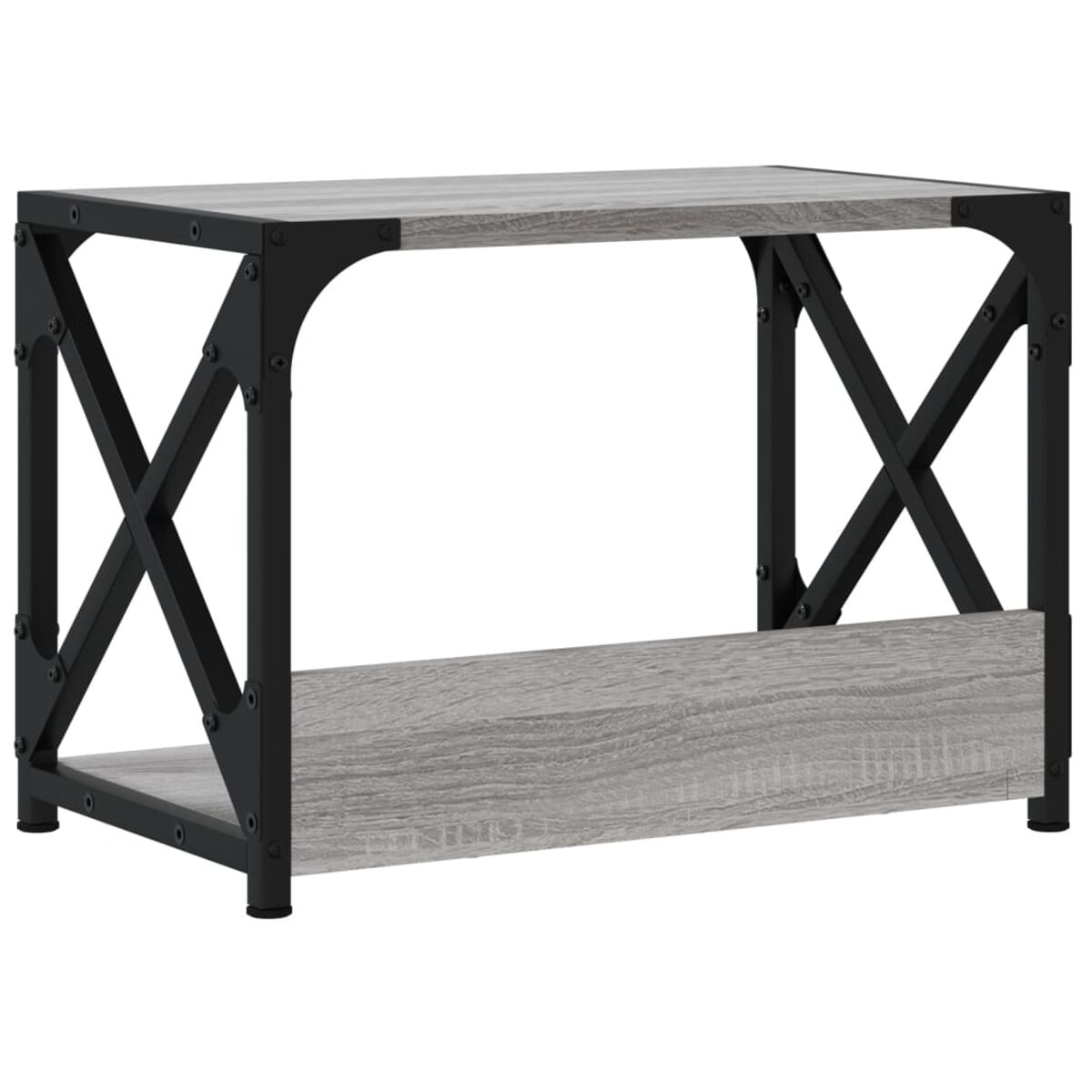 Grau-schwarzer Metall-Beistelltisch. Er hat ein offenes Design mit X-Rahmen an den Seiten und einem Regal.