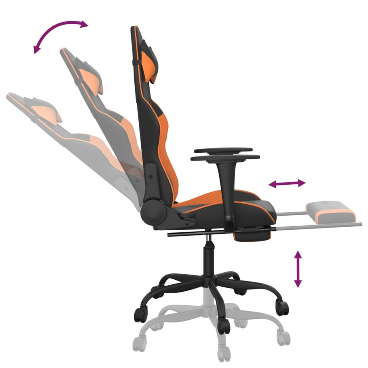 Gaming-Stuhl mit verstellbaren Funktionen. Schwarz, orange Akzente und Räder. Pfeile zeigen Anpassungen.