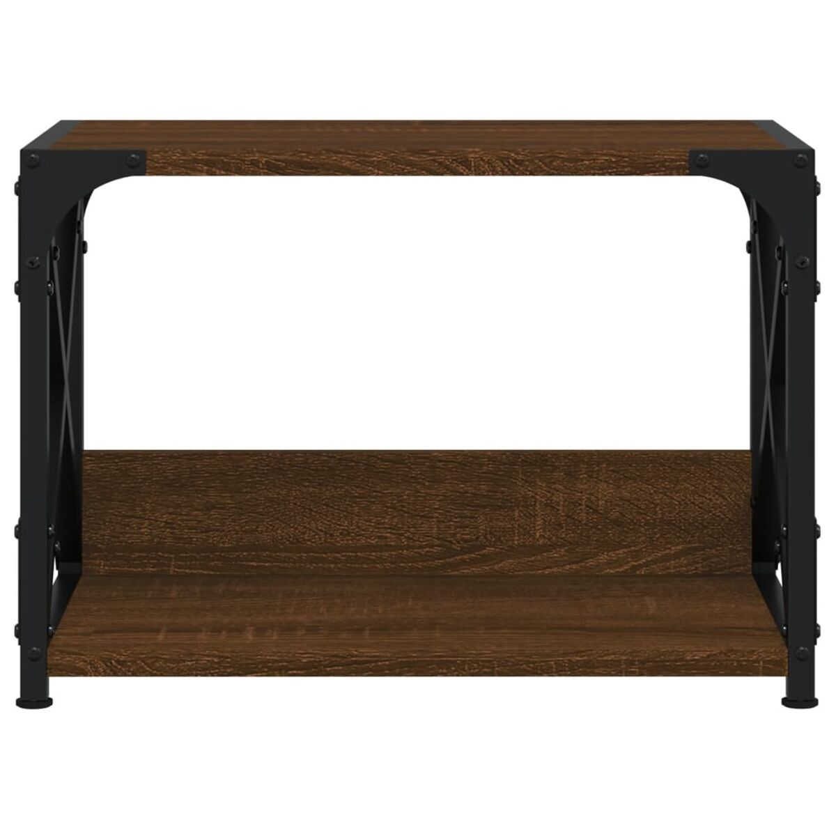 Dunkelbrauner Schreibtisch mit Metallrahmen, einem Regal und einer Holzplatte.