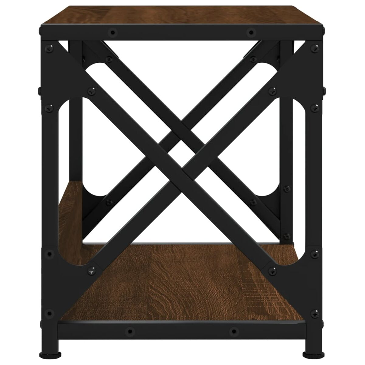 Quadratischer schwarzer Metalltisch mit dunklem Holzregal.