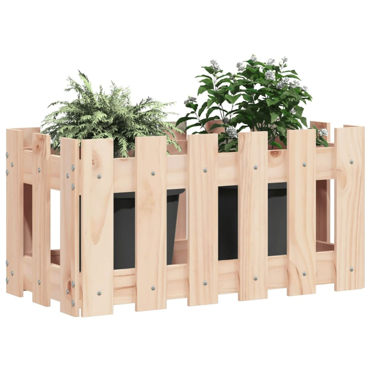 Holz-Pflanzkasten mit Pflanzen, auf weißem Hintergrund. Er ist hellbraun.